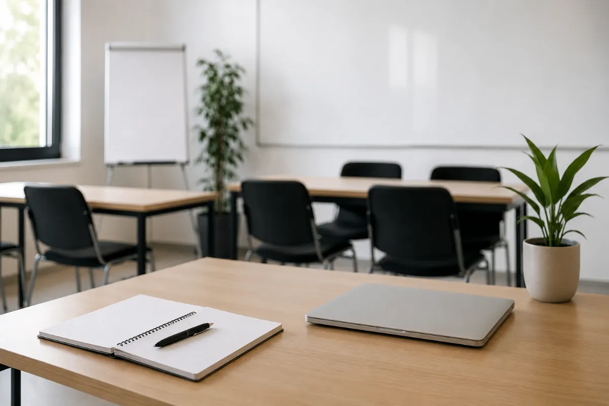 Portátil preparado para una jornada de formación sobre una mesa en un aula moderna y luminosa.