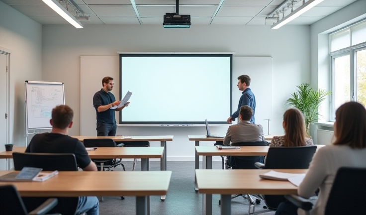 Aula lista para formación con proyector y sillas cómodas
