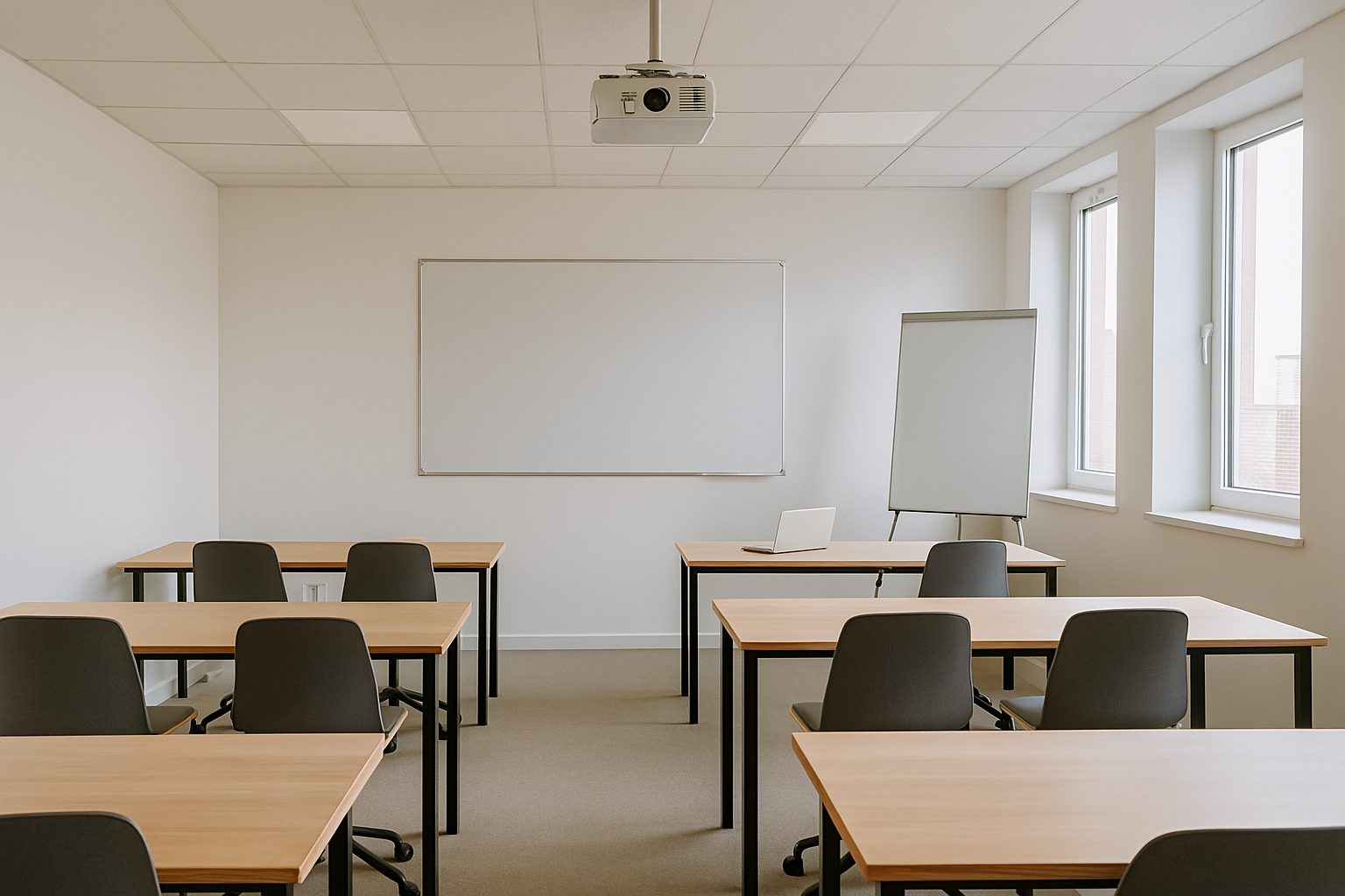  Aula de formación con grandes ventanales, mobiliario de madera clara y diseño minimalista