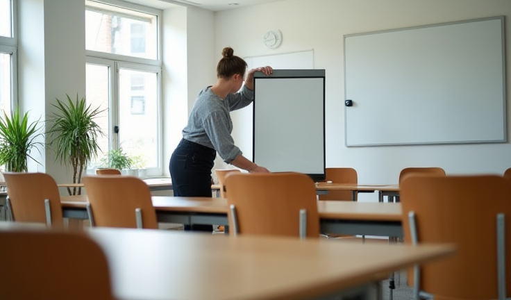 Persona organizando un aula luminosa antes de una formación